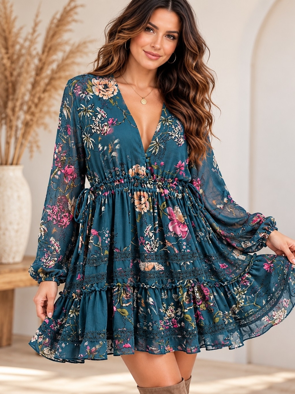Free People Emerald Floral Boho Mini Dress Size S New With Tags